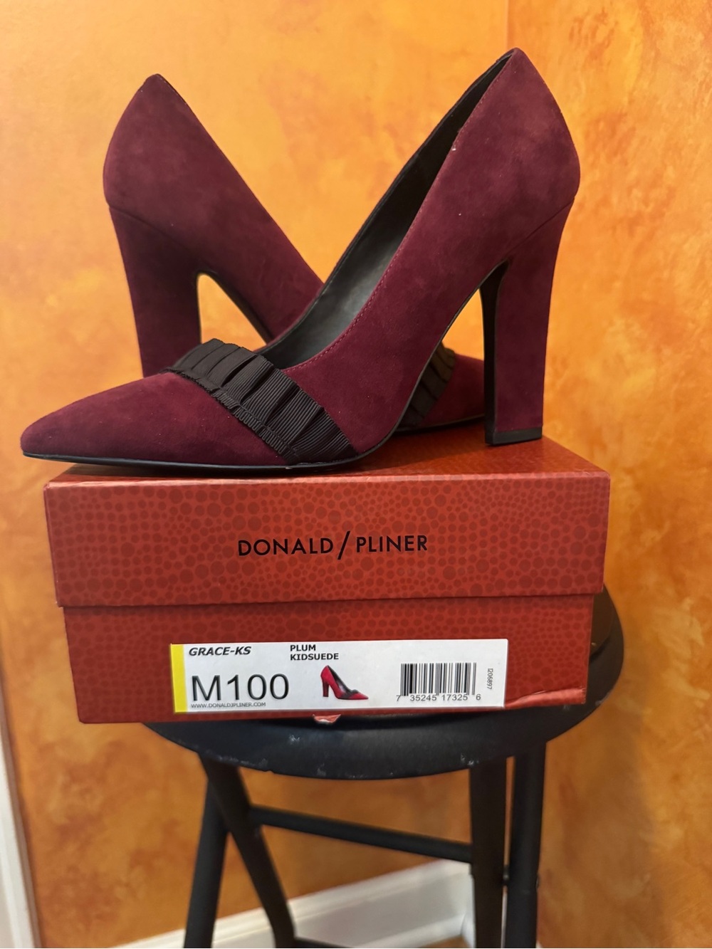Donald J. Pliner Plum Suede Pointed Pump with Black Ribbon